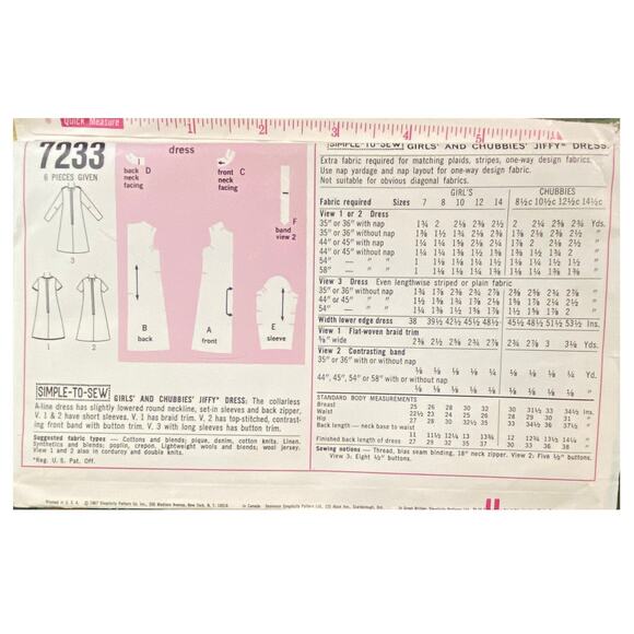 Vtg Simplicity 7233 Dress Pattern 7 Girl 1967 Jiffy Chubbie Collarless Variation - Picture 5 of 6
